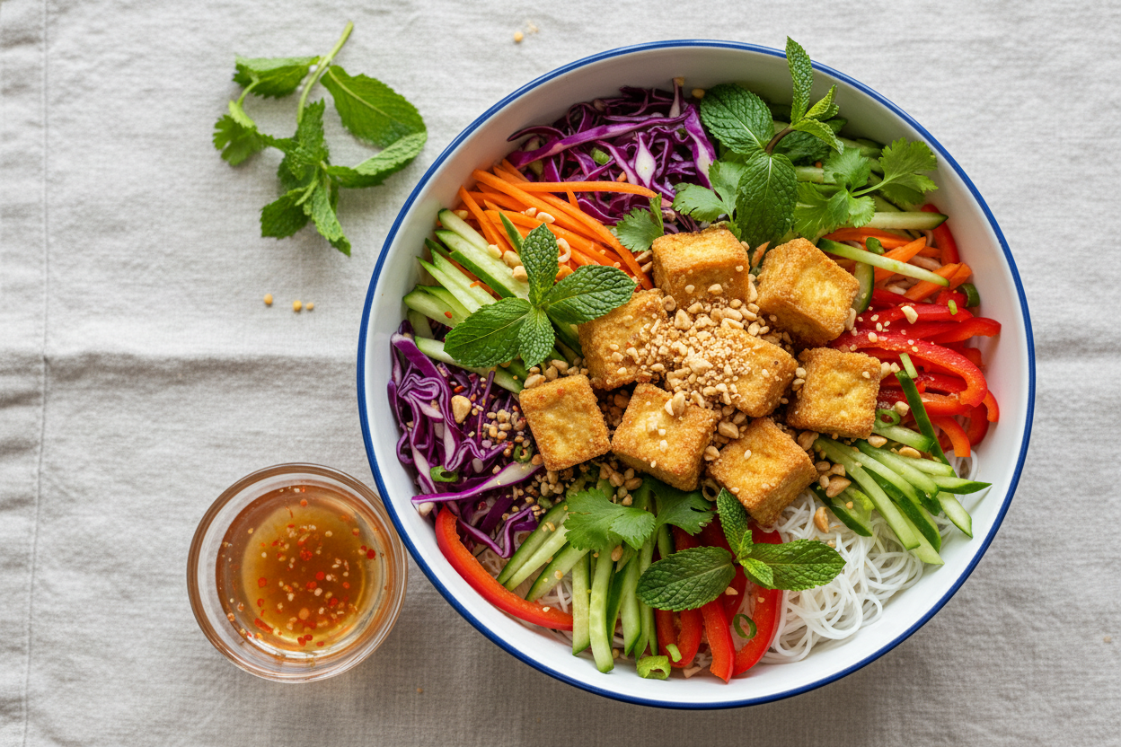 Fresh Vermicelli Noodle Bowl With Vegetables and Herbs