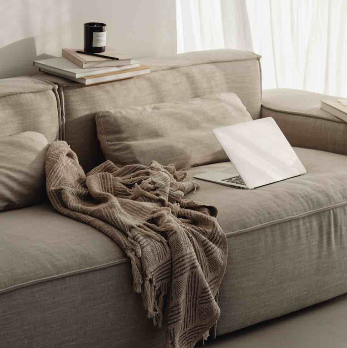 Gray sofa with a blanket, laptop, and books in a cozy living room setting.
