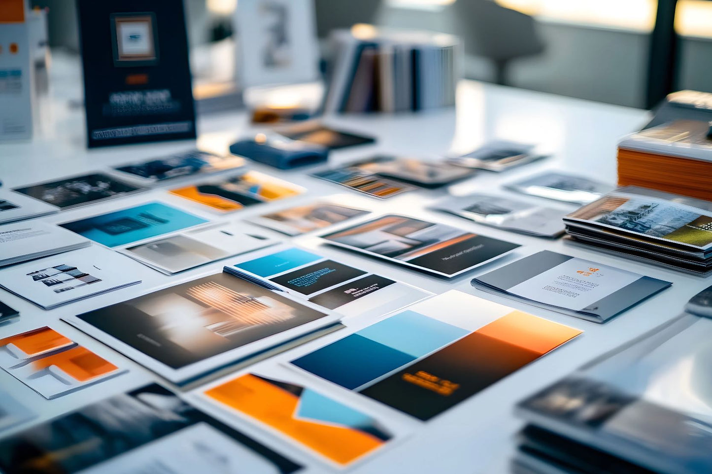 Collection of printed brochures and books on a table with a blurred background