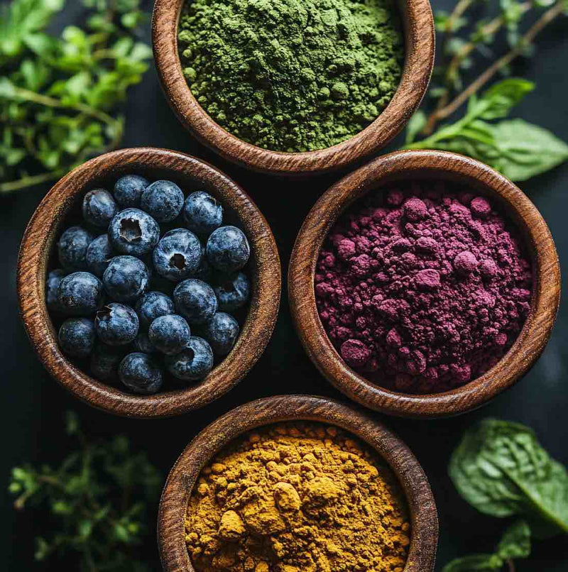 Four wooden bowls containing different colored powders and berries on a dark background with green leaves.